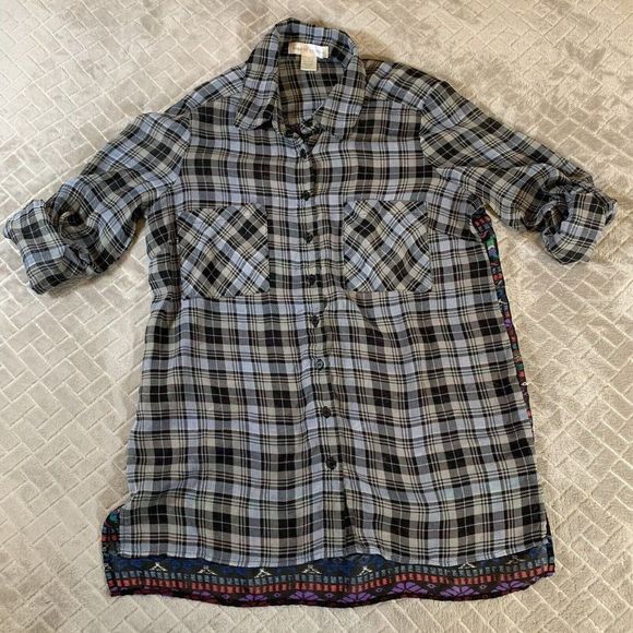 Band of Gypsies Tops - Womens Small Band Of Gypsies Button Up Sheer Tunic Top Plaid Aztec Colorful Boho